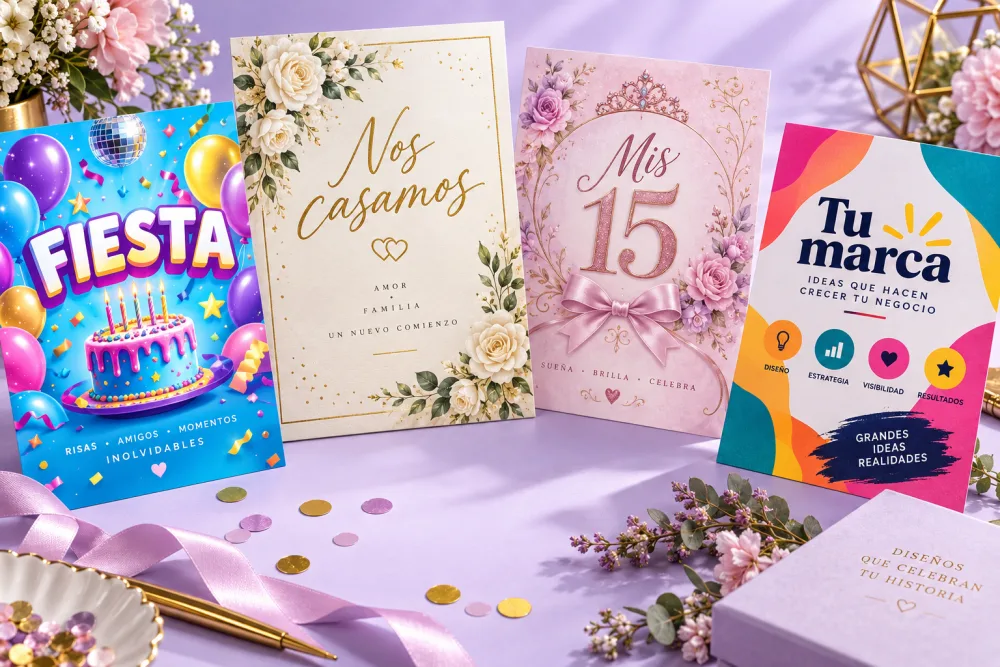 Ejemplos de flyer de cumpleaños, tarjeta de matrimonio, invitación de quince años y diseño promocional
