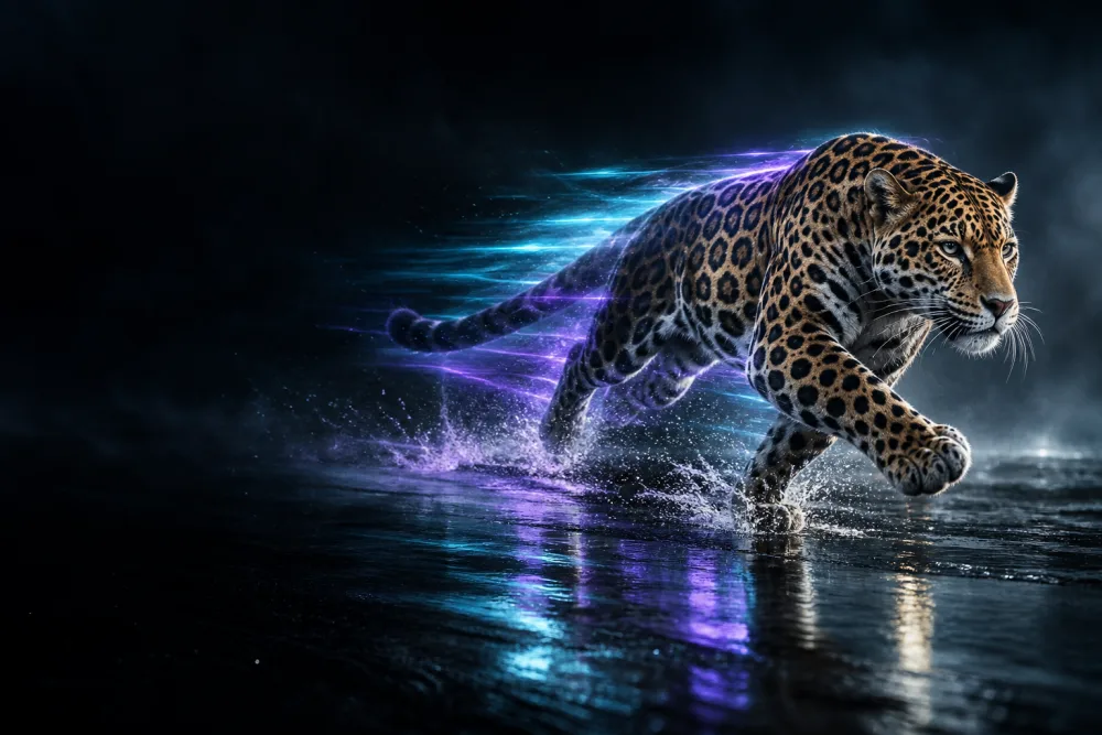 Jaguar corriendo con estelas de velocidad cian y violeta