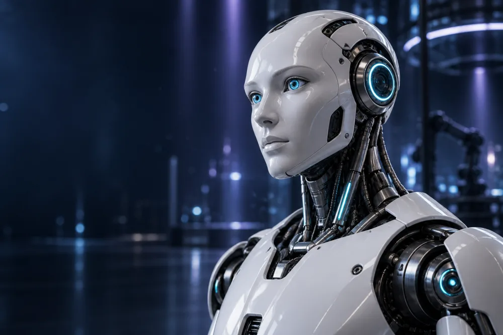 Robot realista con iluminación cian y violeta