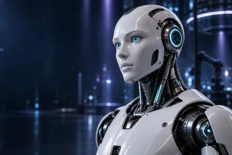 Robot realista con iluminación cian y violeta