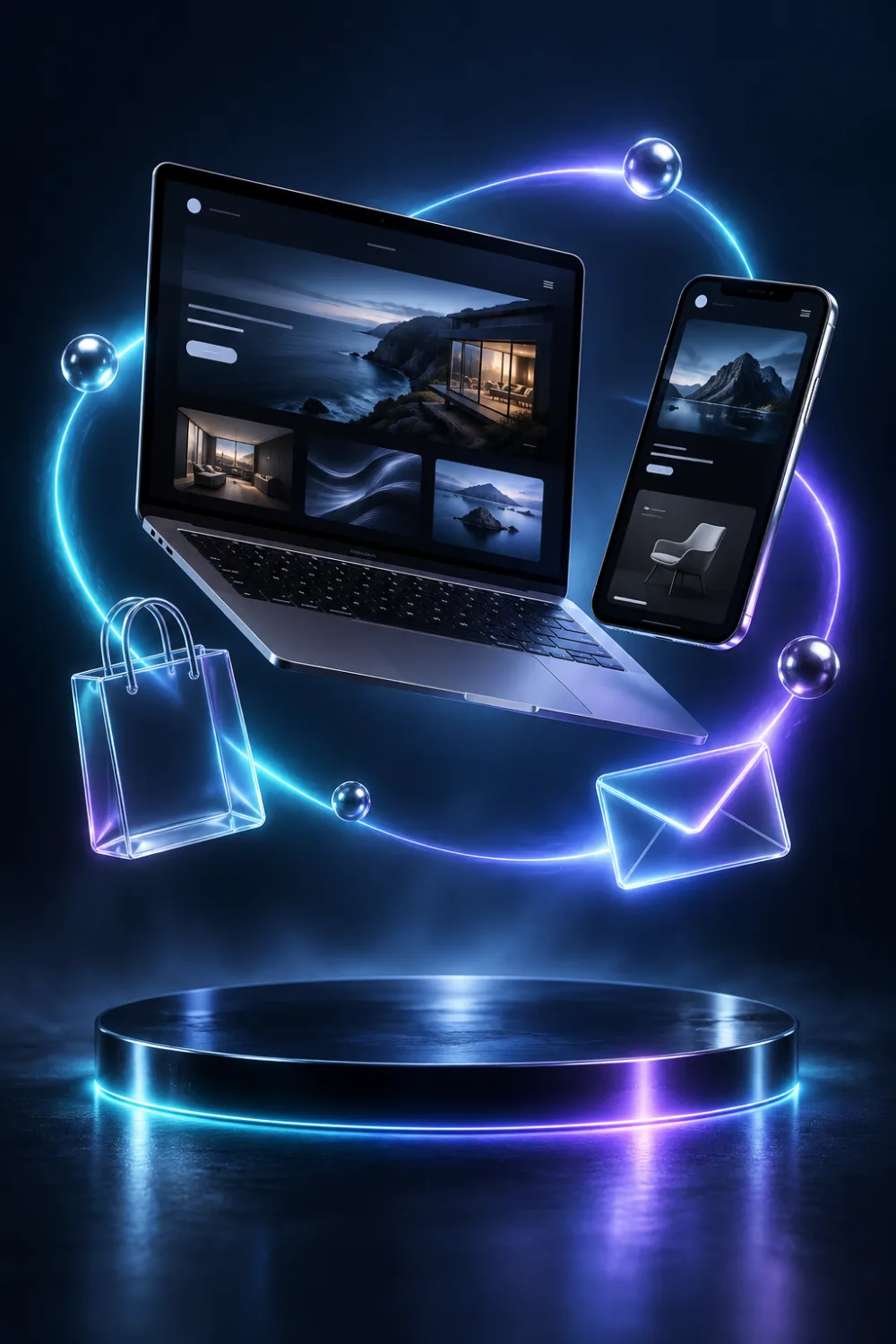Laptop, móvil, tienda y correo corporativo en una composición neón de Eclixyz